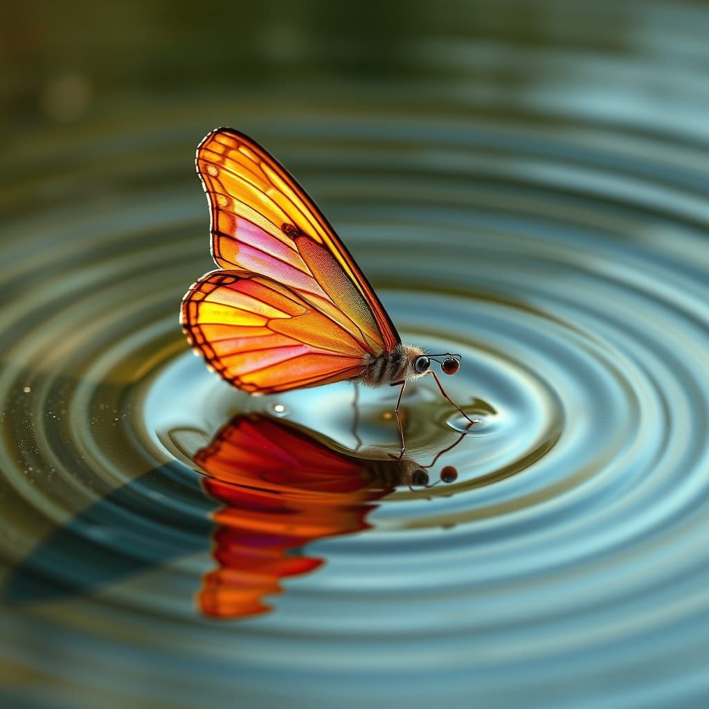 Delicate Iridescent Butterfly Emerges from Puddle in Soft Fo...
