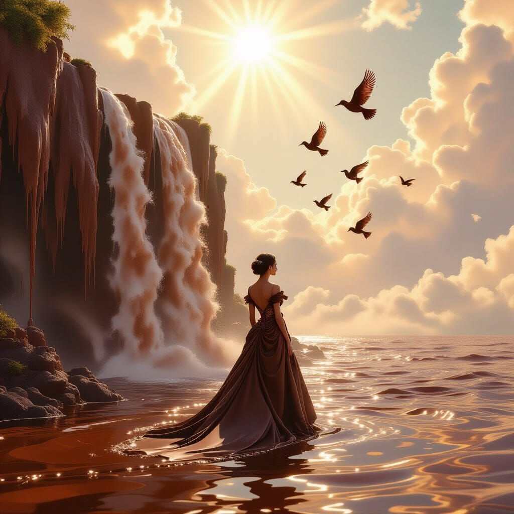 Chocolate Waterfall Scene with Woman and Birds