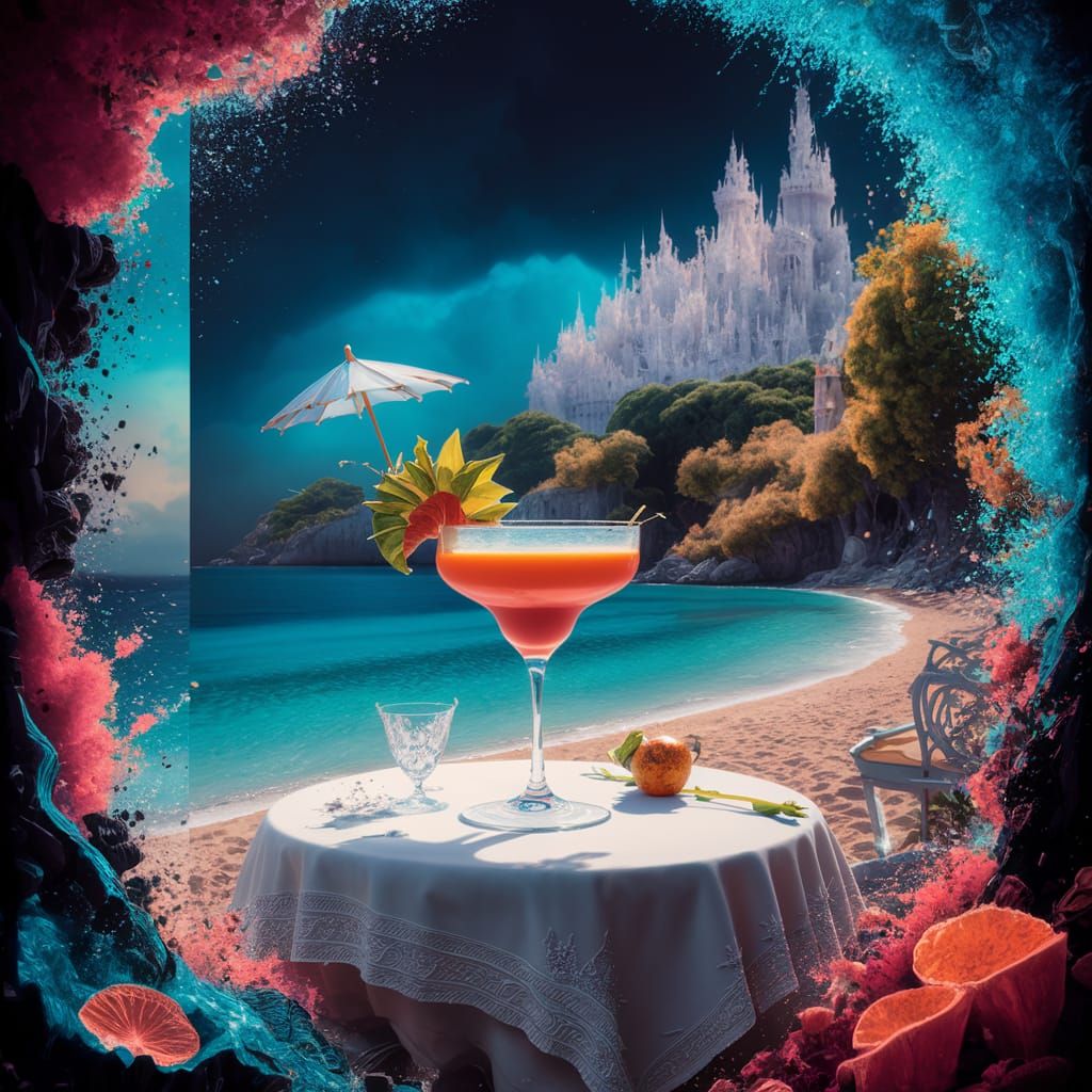 Italian Beach Scene with Cocktail in Matte Painting Style