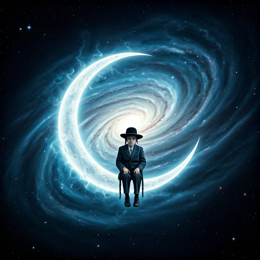 Haredi Boy on Crescent Moon in Surreal Galaxy