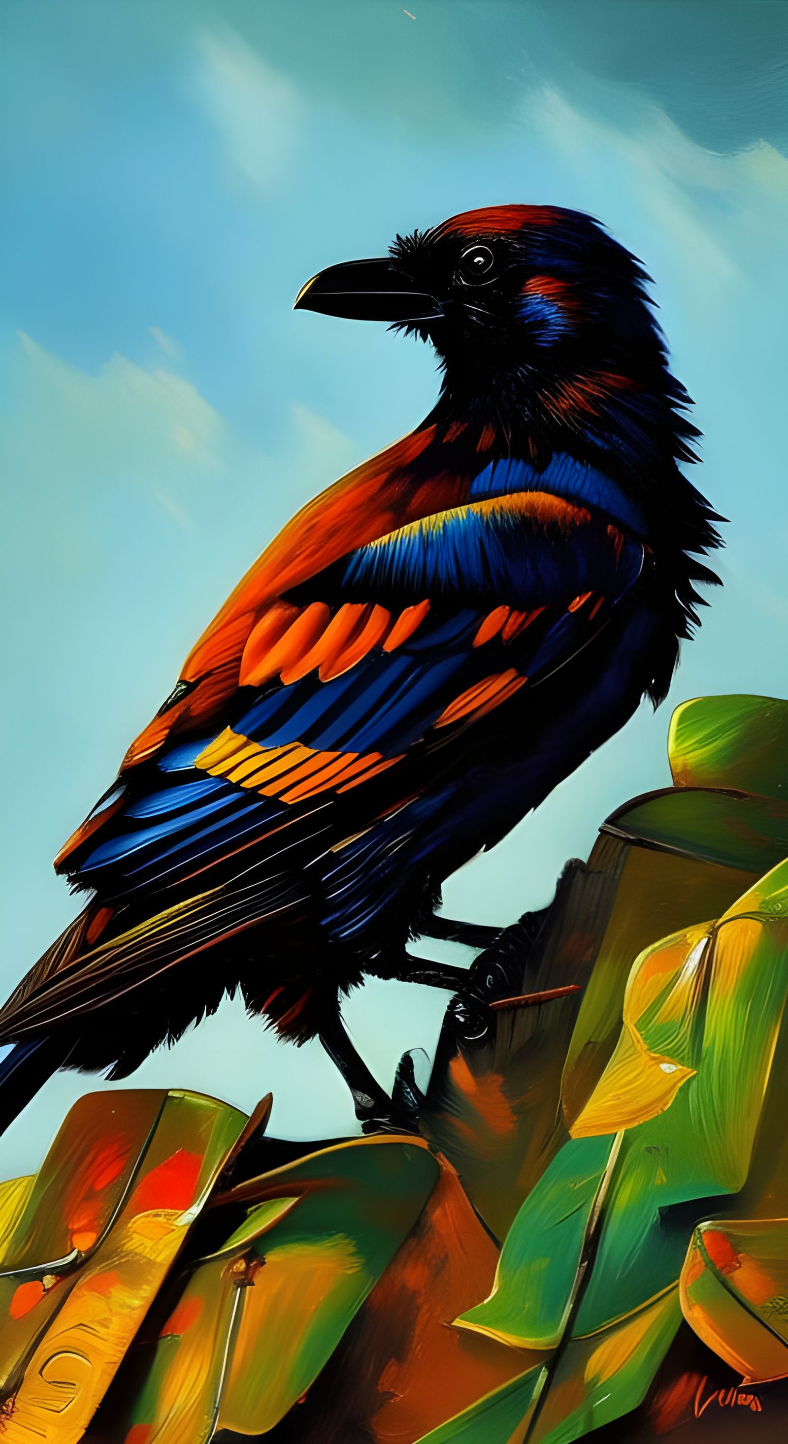 Cyberpunk Raven in Autumn Colors: Digital Art