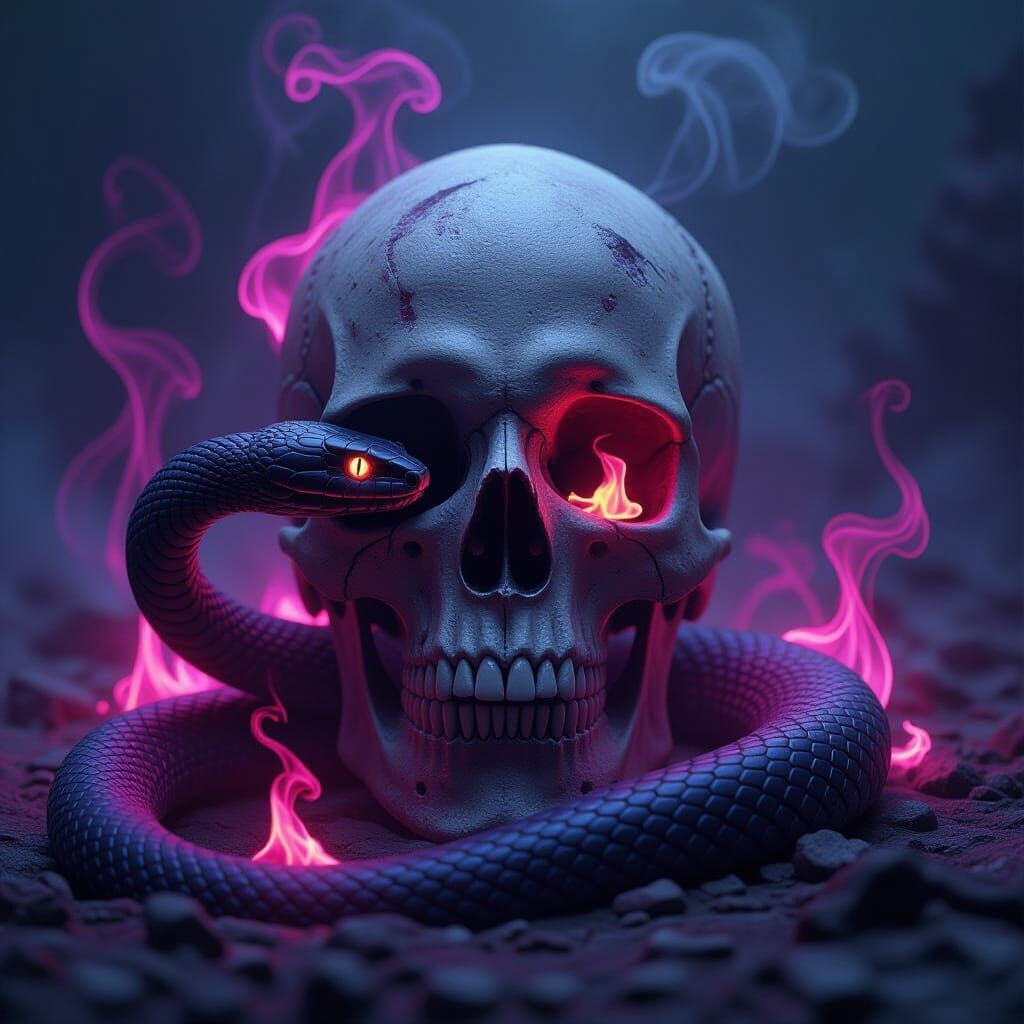 Dark Fantasy Skull with Snake and Pink Flames