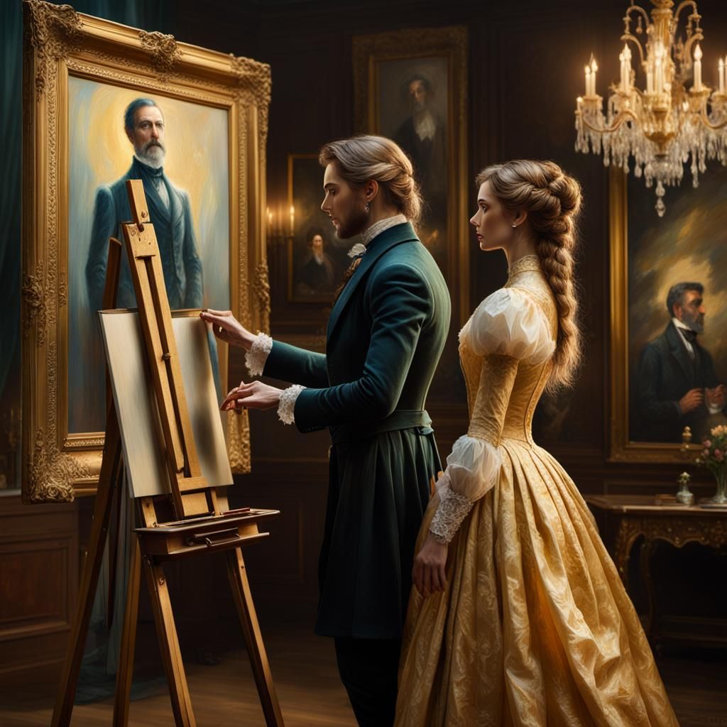 Victorian Woman and Portrait in Oil Painting