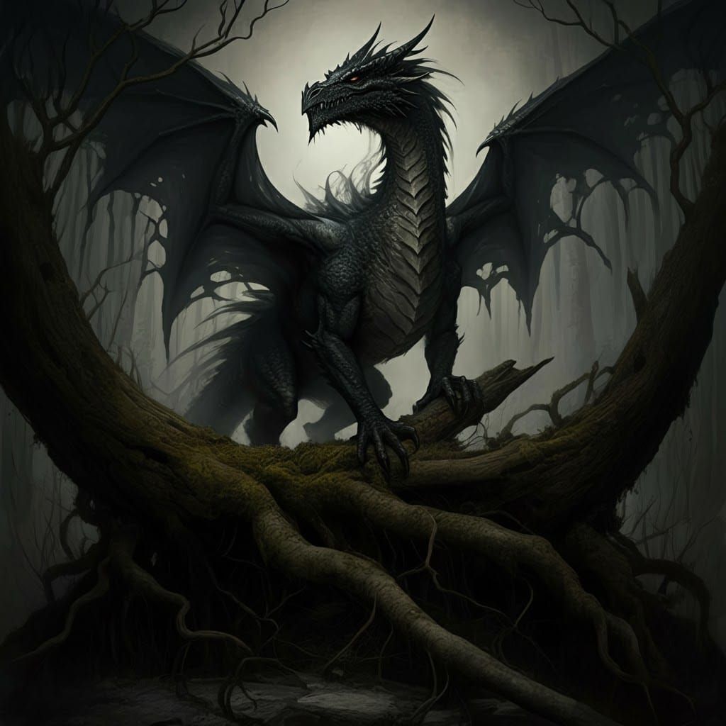 Ethereal Shadow Dragon in Dark Fantasy Forest