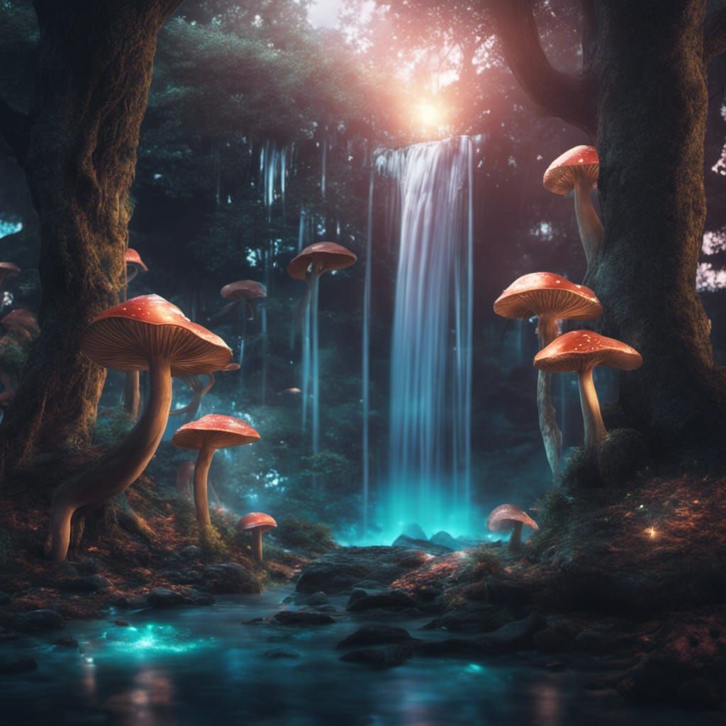 Iridescent Waterfall in Magical Glowing Mushroom Grove