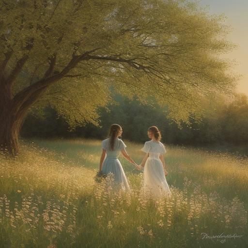 Romantic Oil Painting: Women in Wildflower Meadow