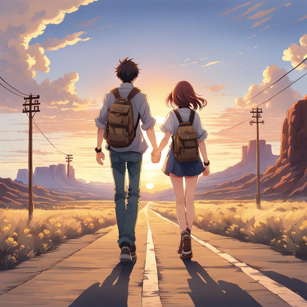 Route 66 Journey: Anime-Style Sunset Walk