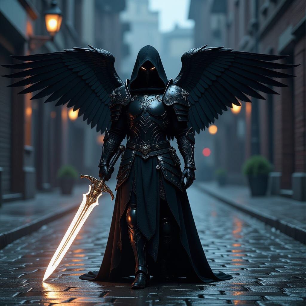 Archangel in Obsidian Armor on Rainy Cobblestone Street