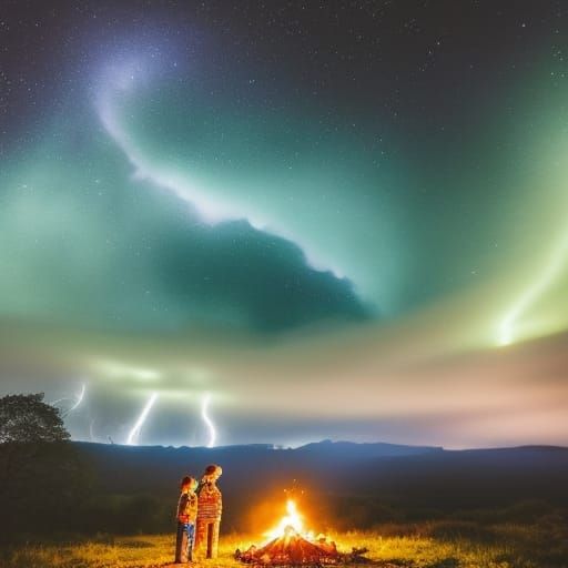 Family Campfire Under Starry Electric Sky