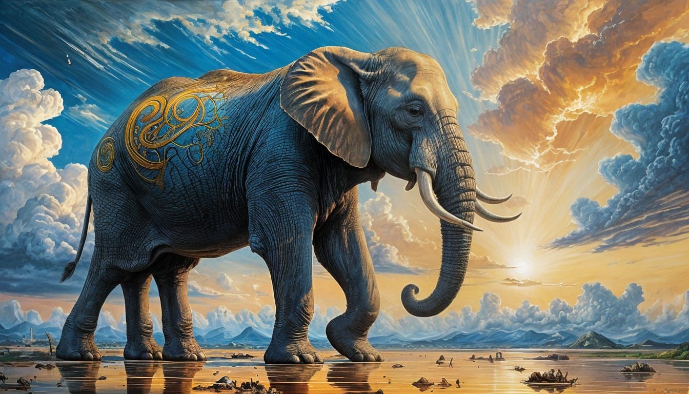 Surreal Elephants with Long Legs: Oil on Canvas