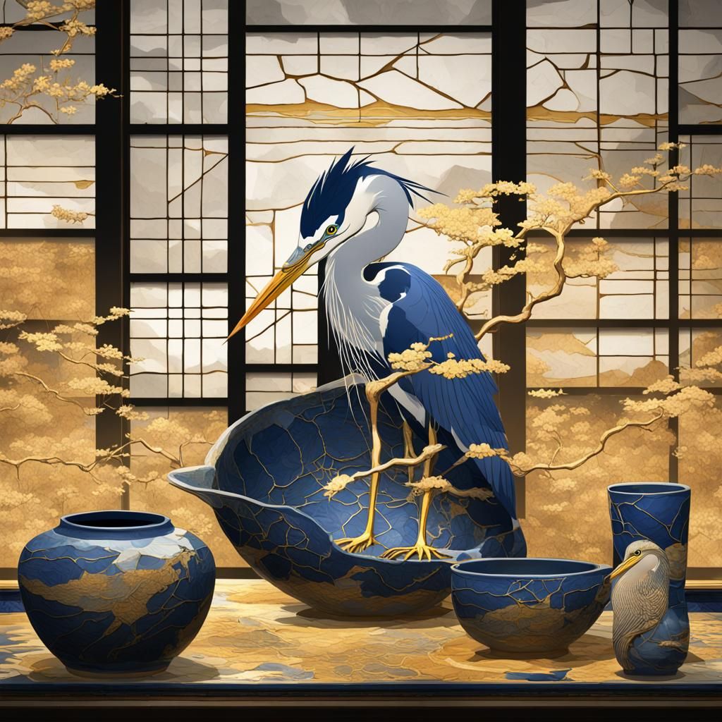 Great Blue Heron in Kintsugi Style