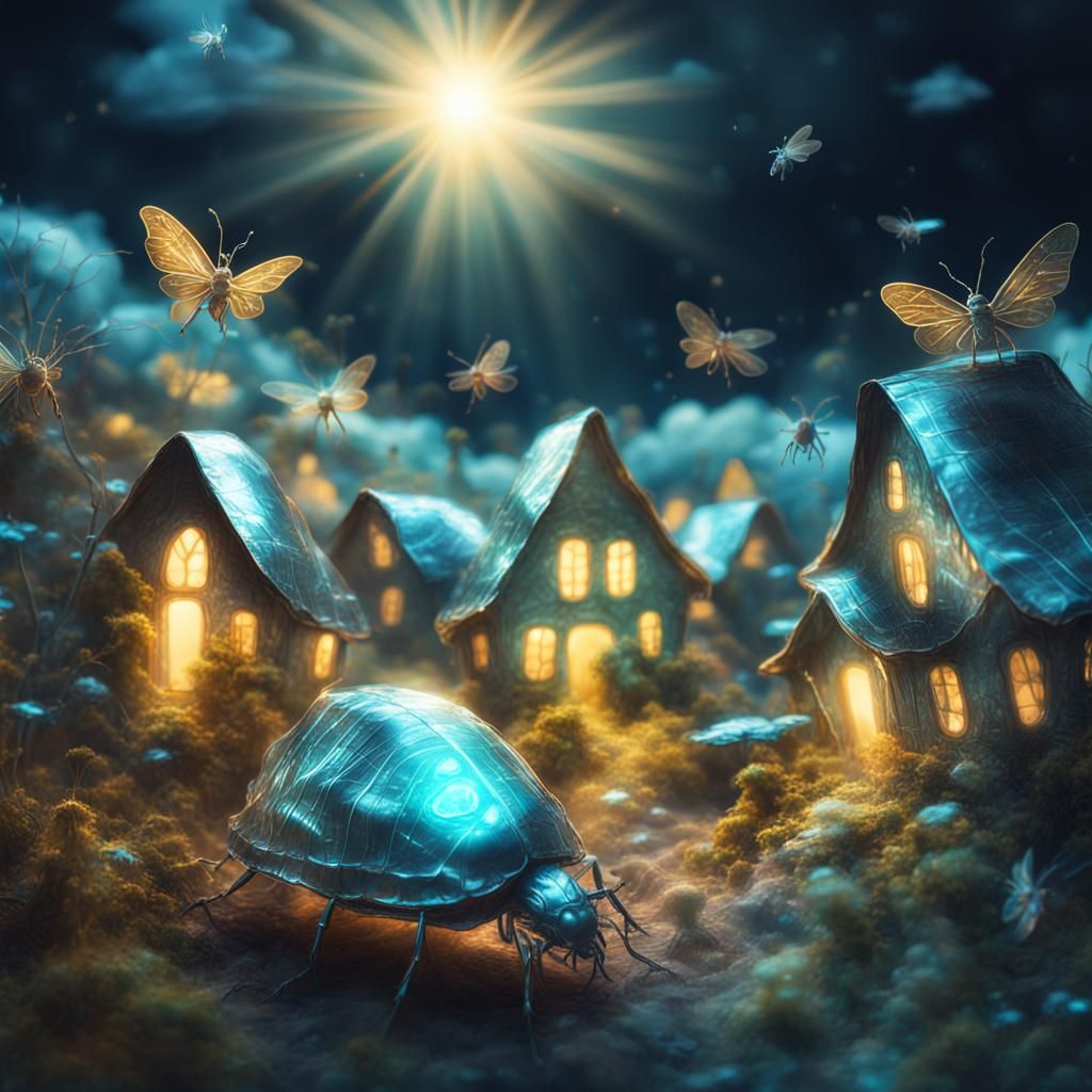 Bioluminescent Beetle Visits Tinfoil Village: Digital Art