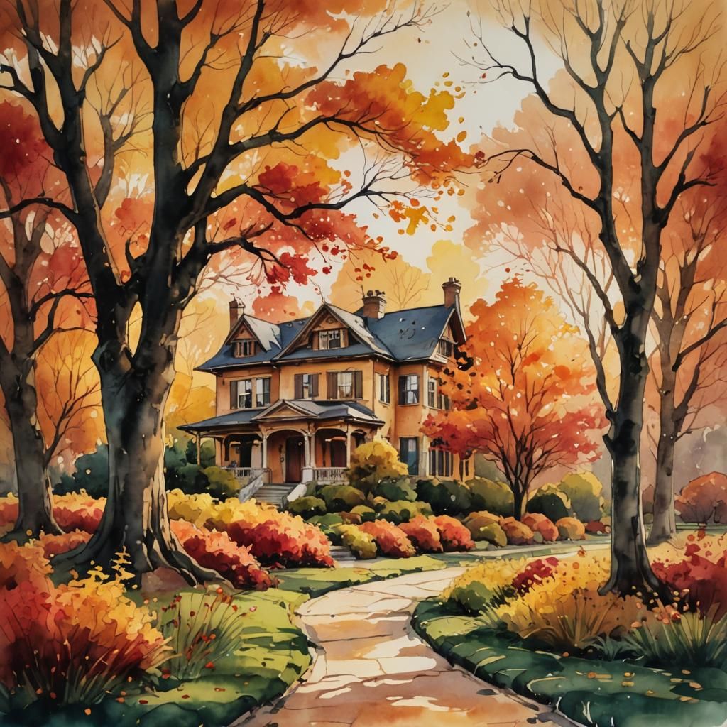 Autumn Mansion Garden in Impressionist Style