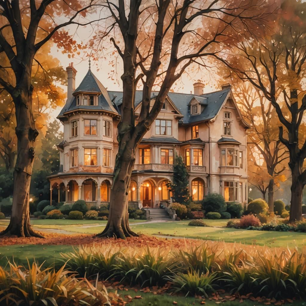 Cozy Mansion Garden at Dusk in Impressionistic Style