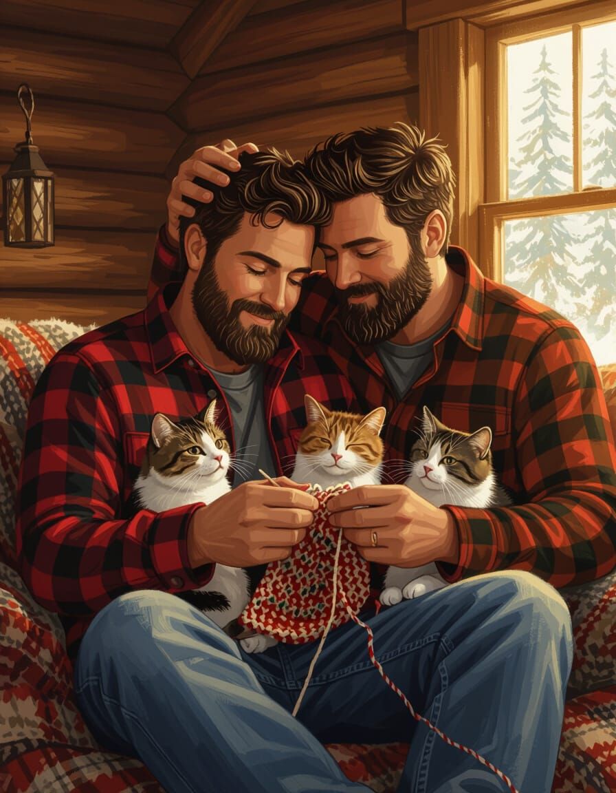 Cozy Cabin: Bear Man Crocheting with Cats