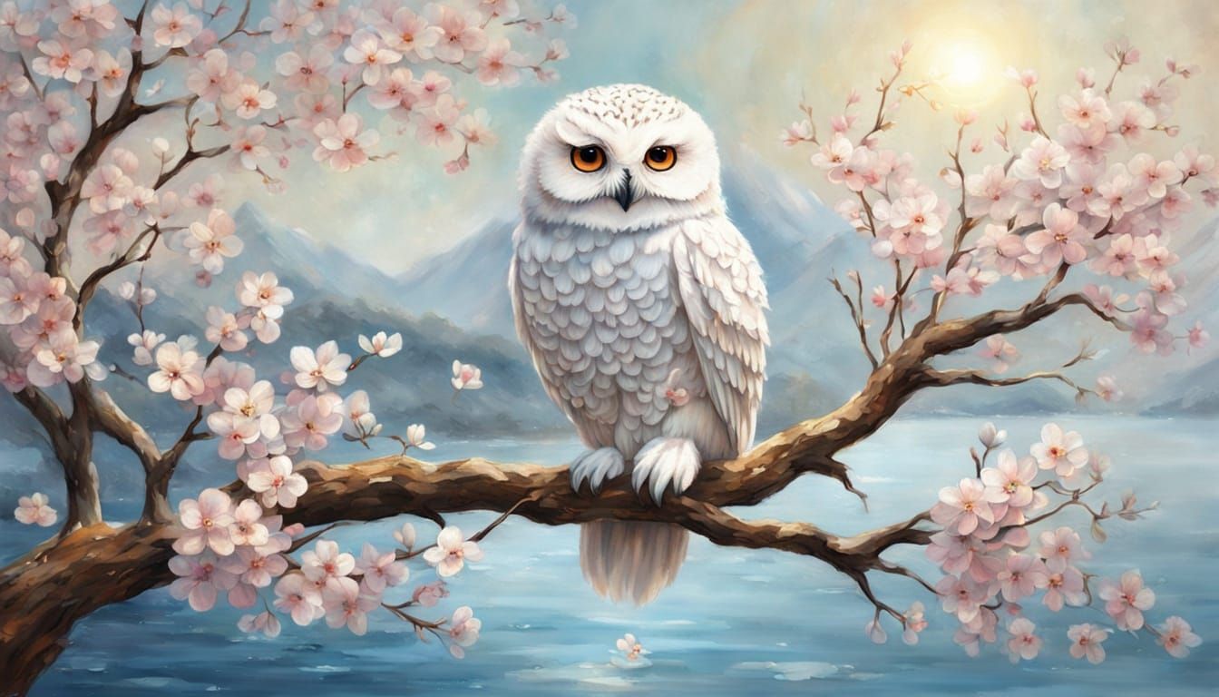 Whimsical Impasto Portrait of a Baby Owl in Cherry Blossom L...