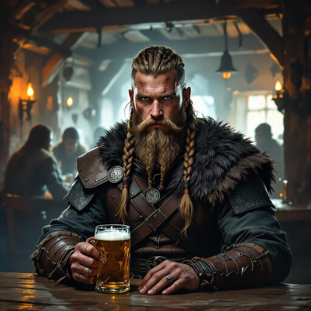 Viking Warrior in Dim Tavern, Dark Moody Style