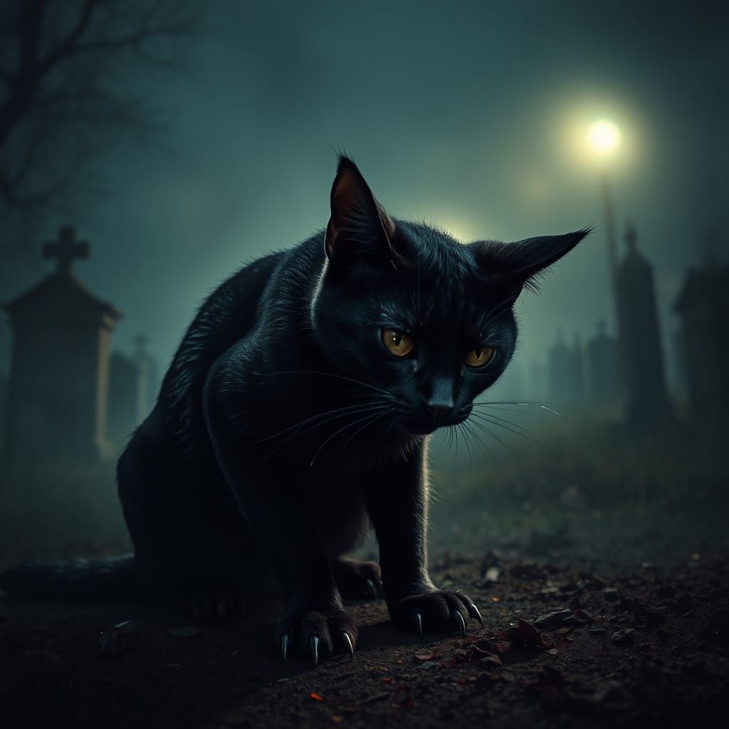 Dark Surrealism Black Cat with Blood-Stained Claws and Foggy...