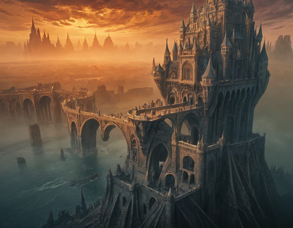 Surreal Castle with Drawbridges: A Dark Fantasy Painting