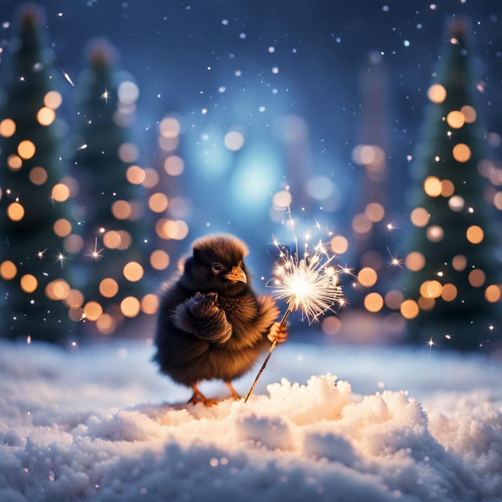 Baby Crow Chick with Sparkler in Snow