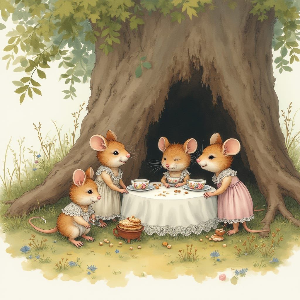 Mice Tea Party in Burrow, Whimsical Watercolor Illustration