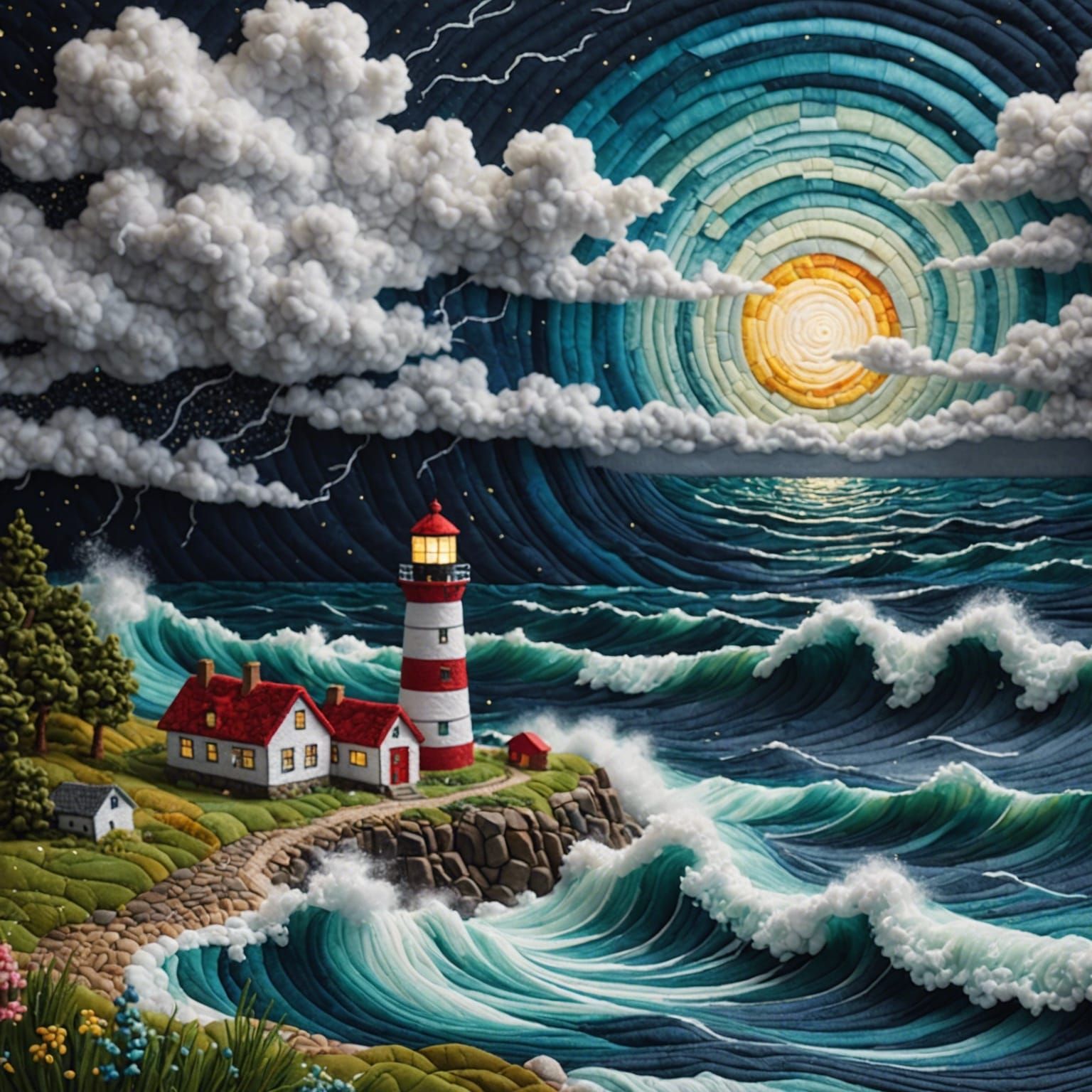 Quilted Storm at Sea Needlework with Bioluminescence