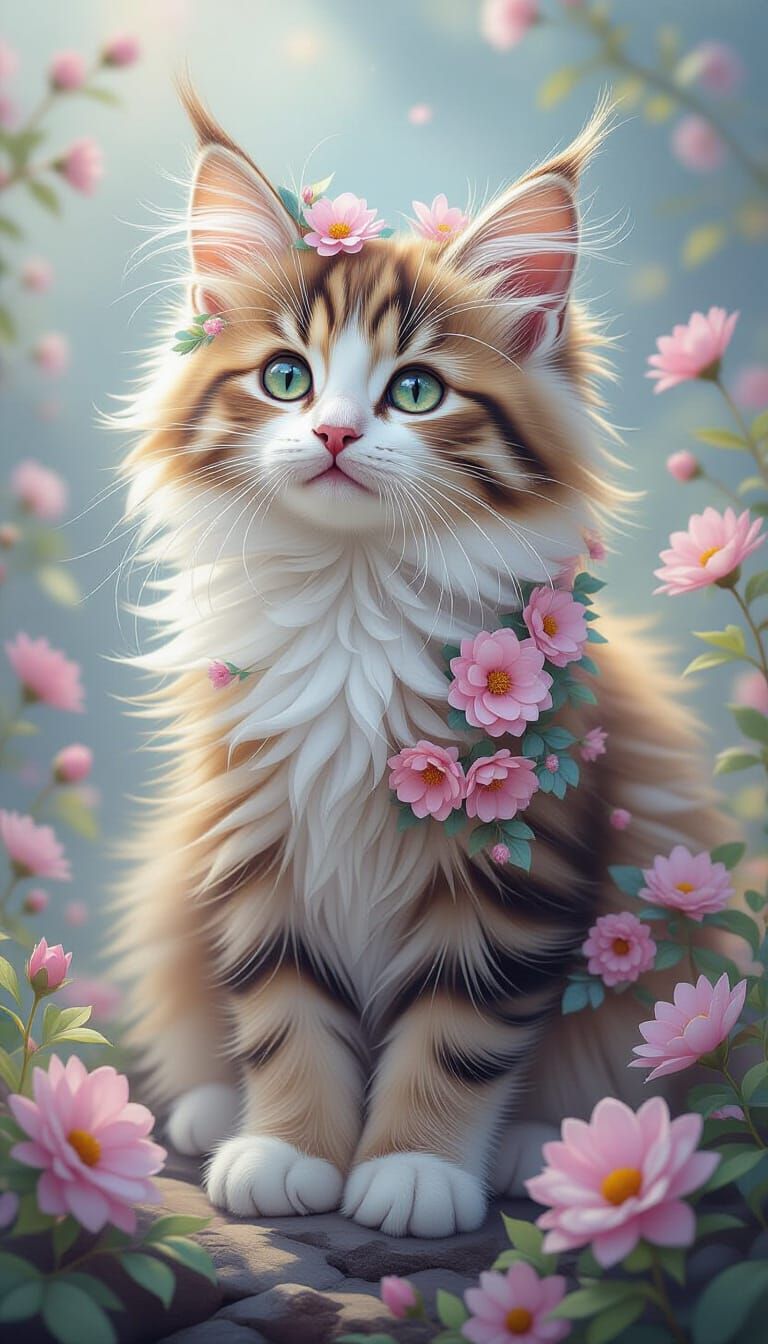 Floral Cat in Dreamy Romantic Style