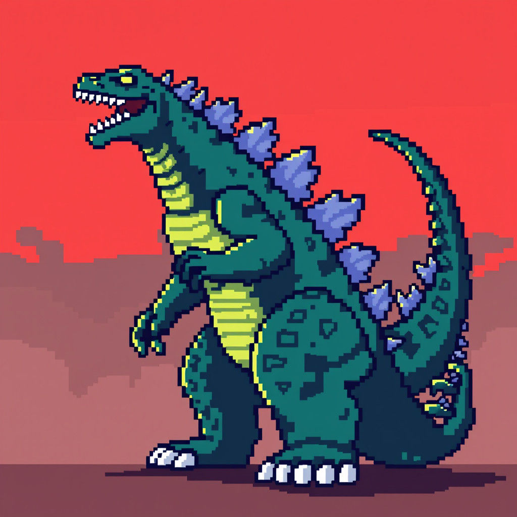 Pixelated Godzilla in 8-bit Style