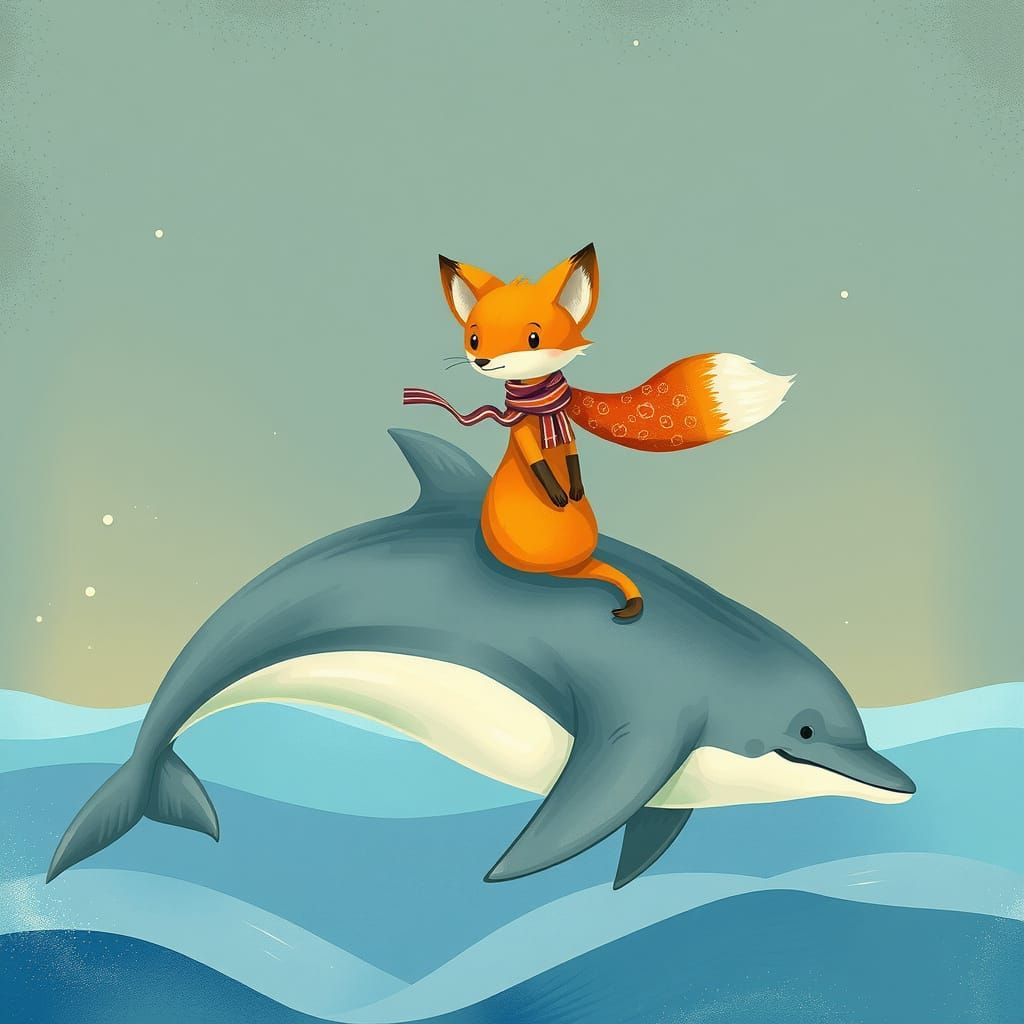 Desert Fox Rides Dolphin in Children's Book Illustration Sty...