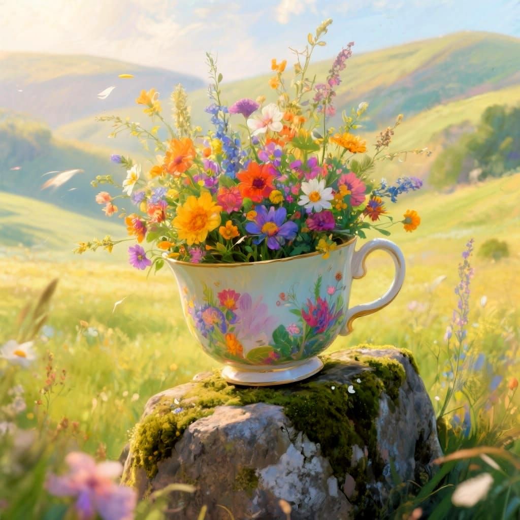 Oversized Teacup Overflowing with Wildflowers on Ancient Sto...