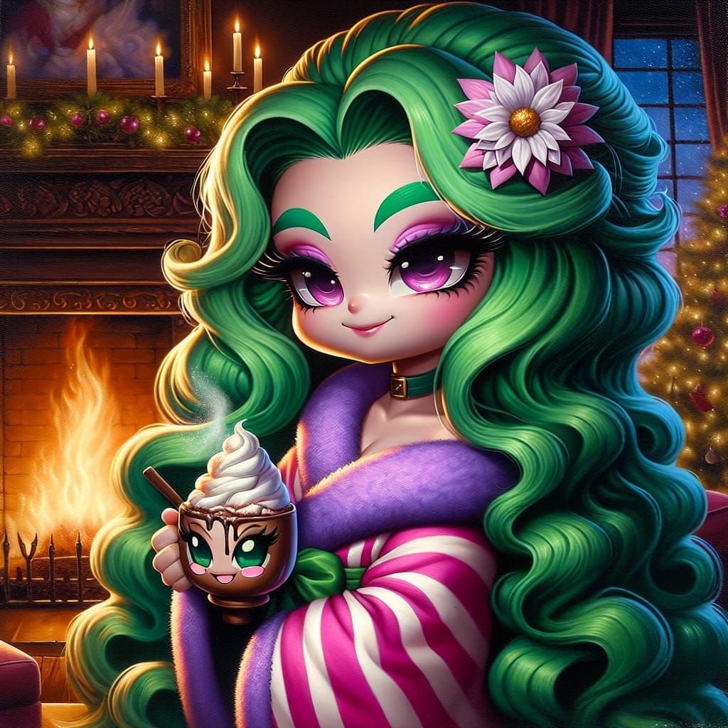 Chibi Green-Haired Lady with Hot Chocolate by Fireplace