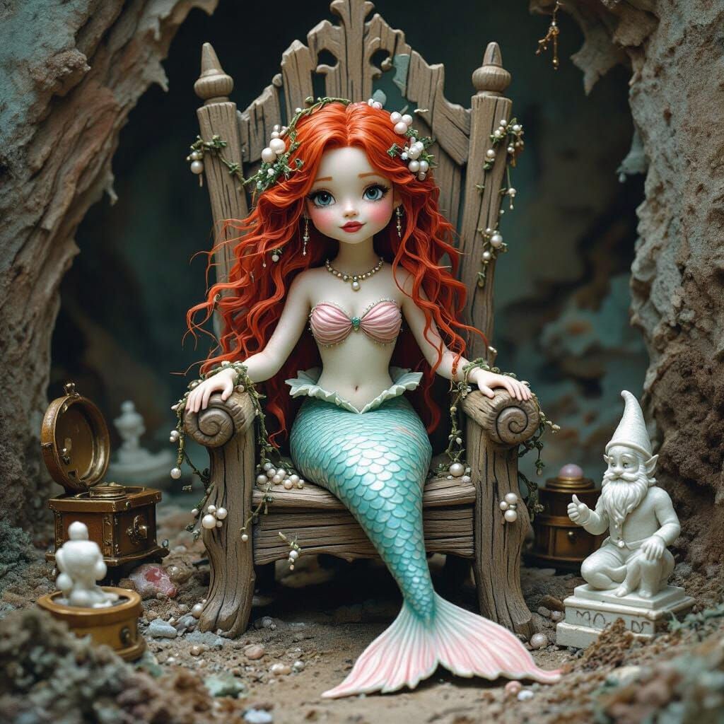 Gnome Mermaid on Driftwood Throne in Photorealistic Style