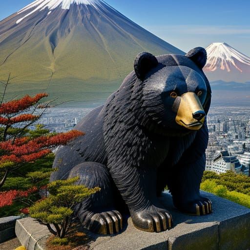 Technocratic Bear Sphinx Overlooking Mount Fuji