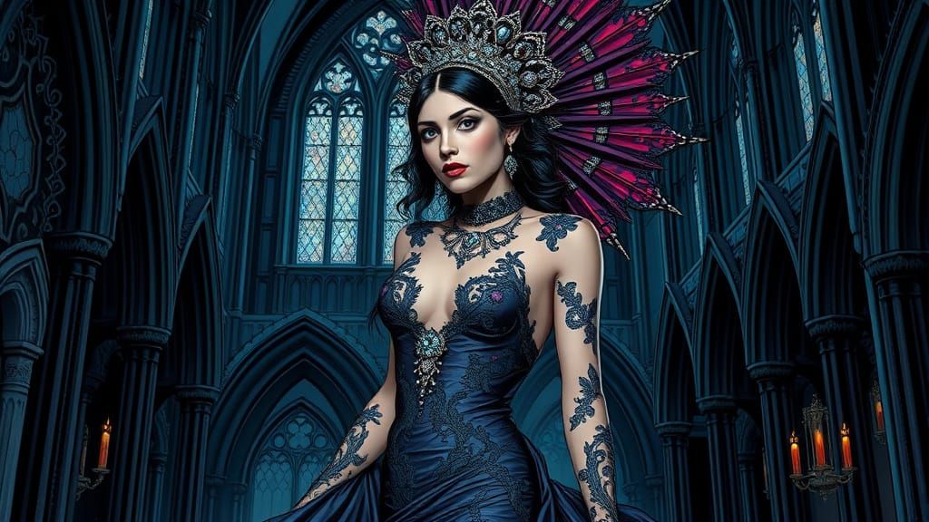 Gothic Woman in Lace and Velvet Comic Art Style