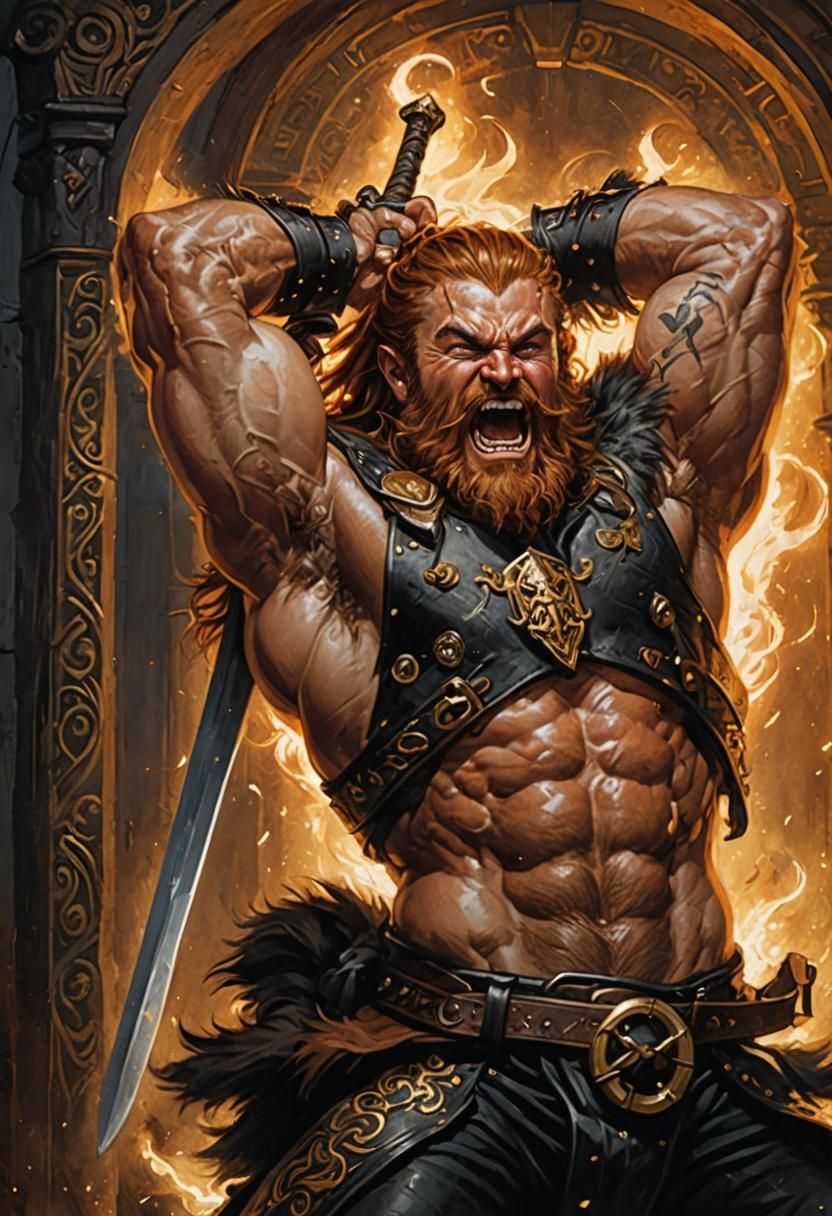 Muscular Dwarf Warrior Gripping Sword