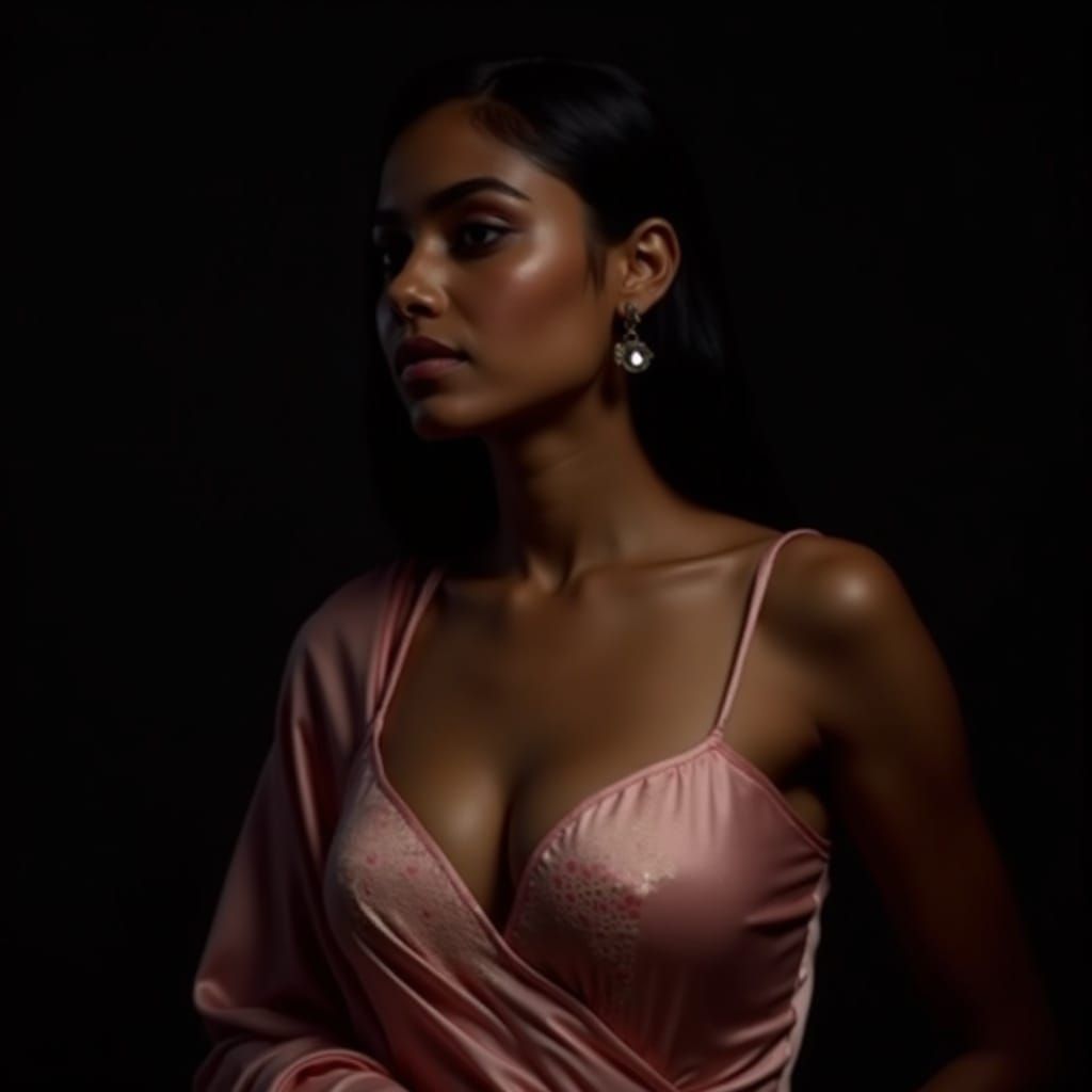 Indian Woman in Pink Satin Saree, Fashion Photo