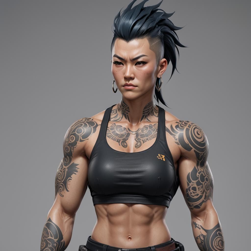 Dominant Asian Woman with Mohawk in 3D Anime Art