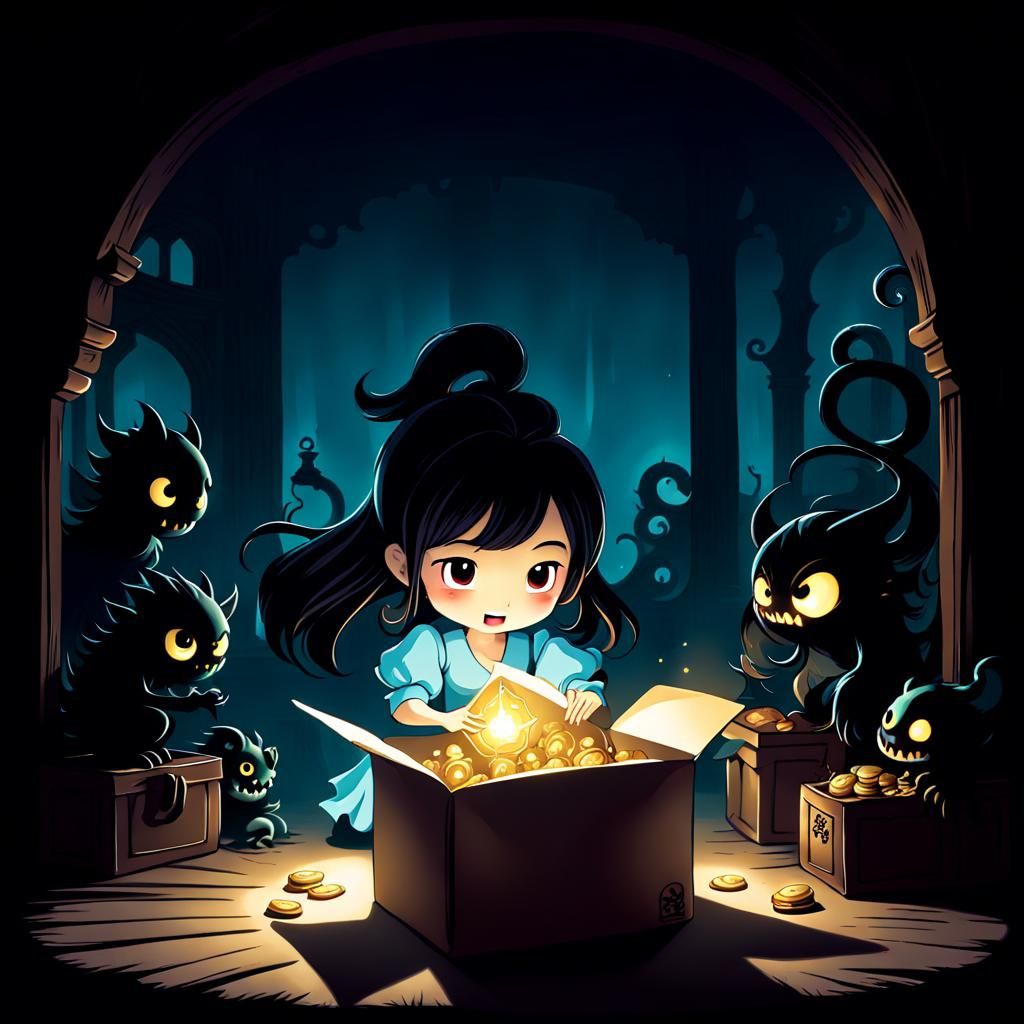 Cartoon Girl Opens Treasure Box in Fantasy Art Style