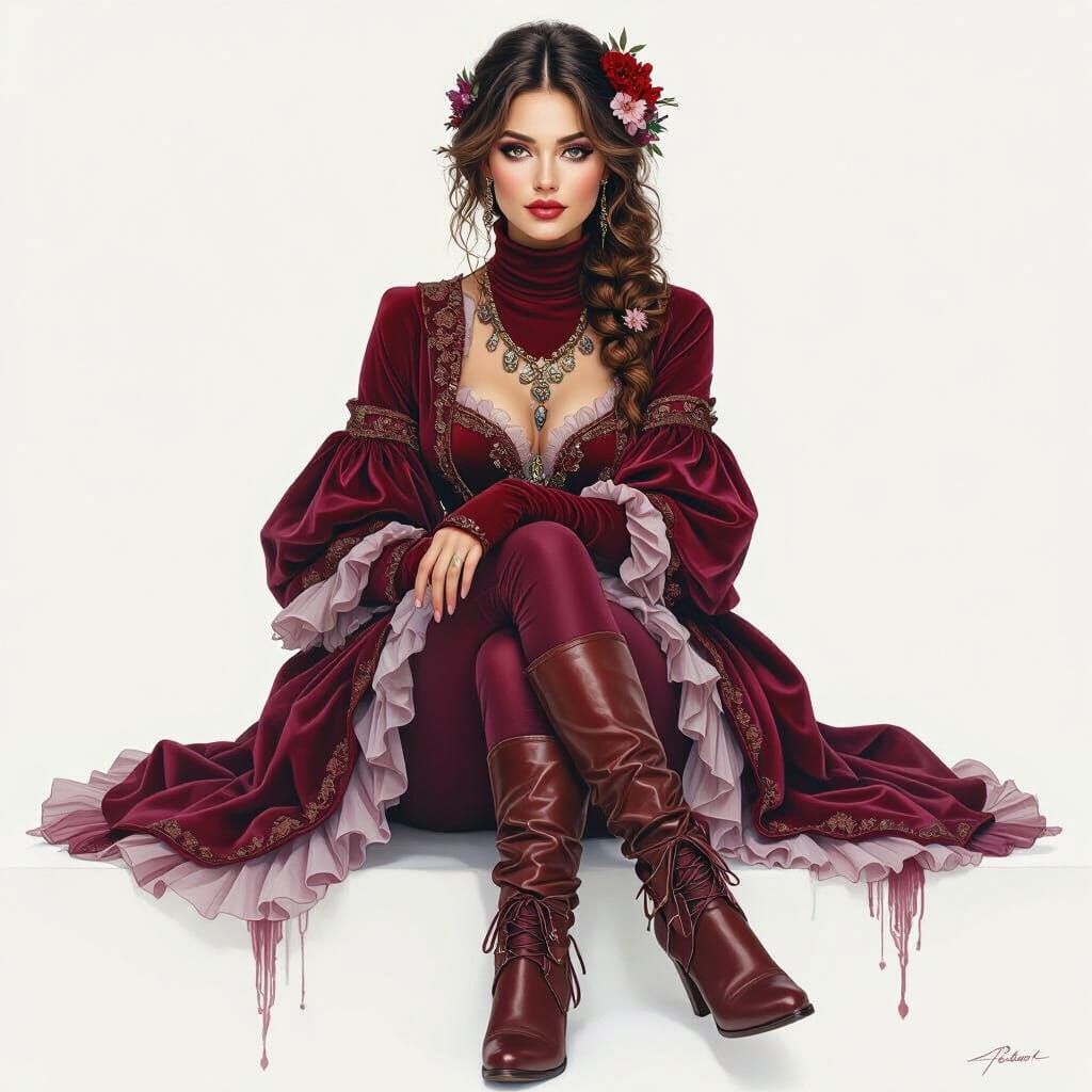 Baroque Woman in Winter Attire Watercolor Painting