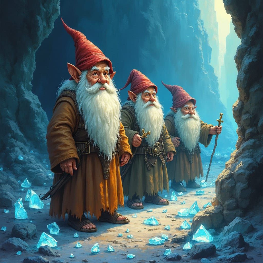 Ancient Gnomes in Glowing Crystal Landscape