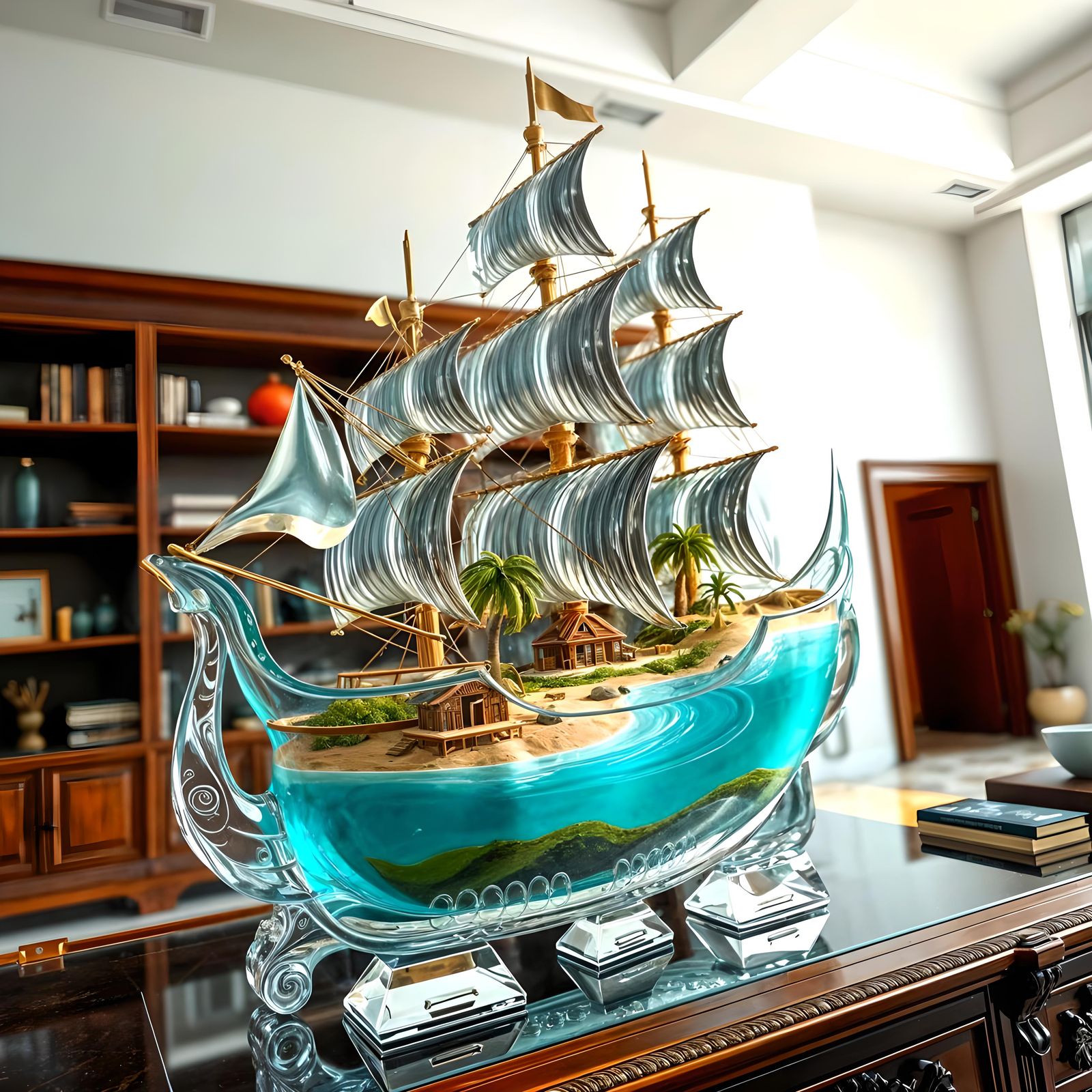 Glass Galleon with Tropical Beach Interior