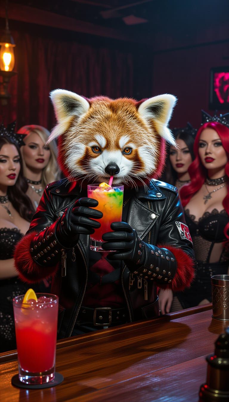Punk Red Panda Enjoys Cocktail at Gothic Nightclub Bar