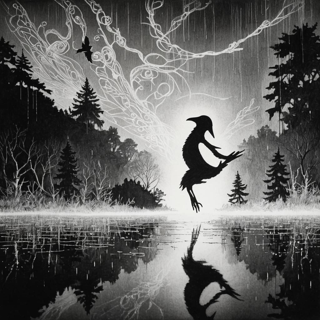 Celtic Raven Silhouette in Crayon and Rayograph Style