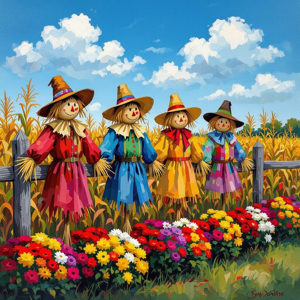 Whimsical Scarecrows in Acrylic Oil Style