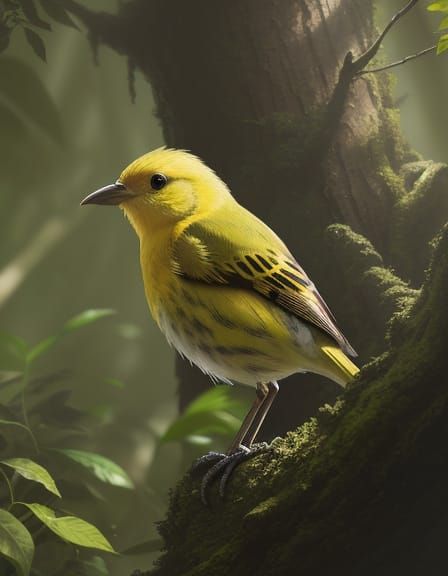 Vibrant Oil Painting of a Yellow Bird in a Tree Hole
