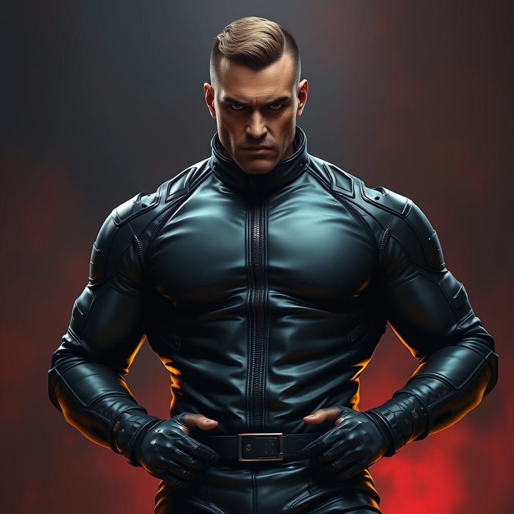Muscular Figure in High-Tech Leather Suit with Intense Expre...