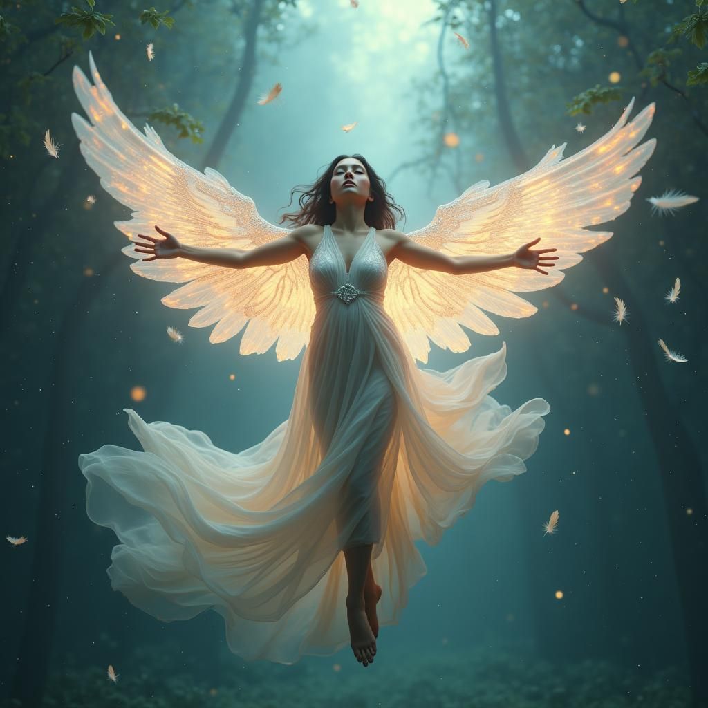Dreamlike Woman in Gown Ascending into Flight
