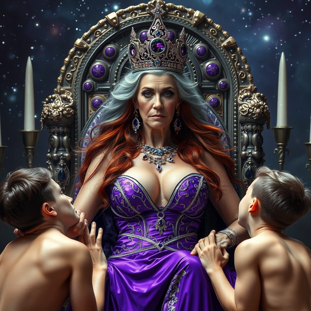 Galactic Empress Enthroned, Adored by Kneeling Men