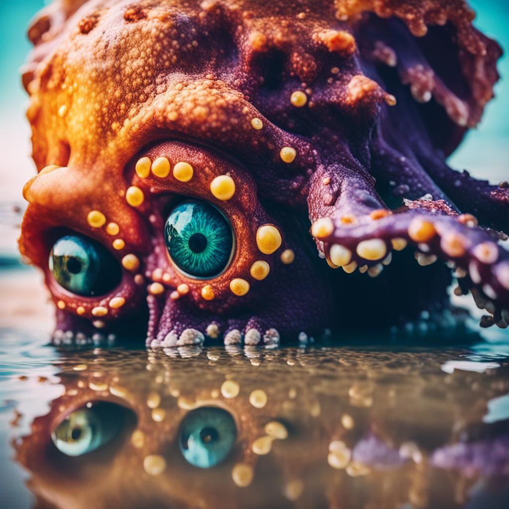 Colorful Octopus Reflects Crying Boy: Cinematic Still