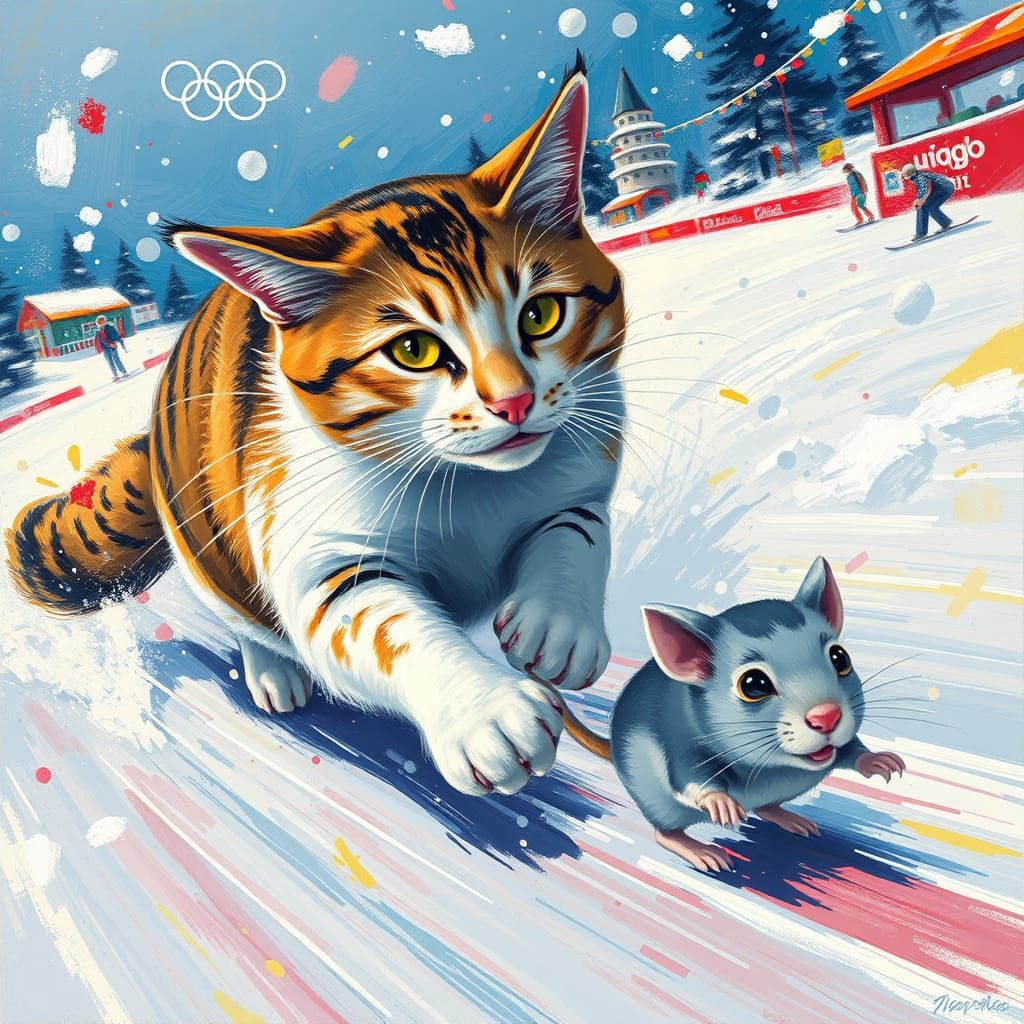 Snow Cat Chases Mouse on Winter Sports Poster in Van Gogh St...
